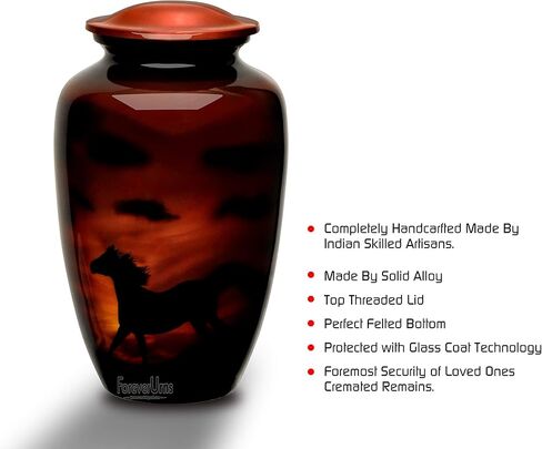 جرة جنازة صغيرة من Forever URNS مع موضوع حصان الجري المطبوع للرماد البشري للإناث والذكور | 3 متر مكعب في | صغير | بني | مصنوع يدويًا بالكامل مع صندوق حماية مخملي in Kuwait