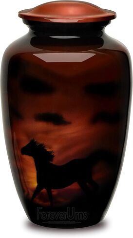 جرة جنازة صغيرة من Forever URNS مع موضوع حصان الجري المطبوع للرماد البشري للإناث والذكور | 3 متر مكعب في | صغير | بني | مصنوع يدويًا بالكامل مع صندوق حماية مخملي in Kuwait