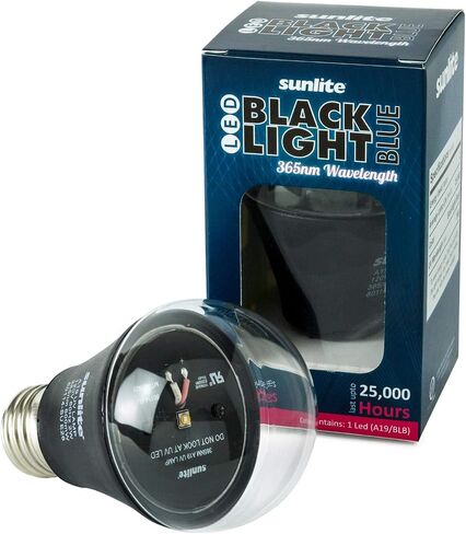 مصباح إضاءة أسود Sunlite 80114-SU LED A19، 2 وات، قاعدة متوسطة (E26)، طول موجي 365 نانومتر، حفلات متوهجة، أزرق فاتح، ديكور، تأثيرات خاصة، تطبيقات أمنية، قائمة ETL، عبوة واحدة in Saudi Arabia