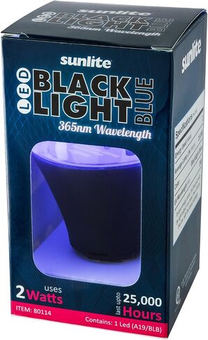 مصباح إضاءة أسود Sunlite 80114-SU LED A19، 2 وات، قاعدة متوسطة (E26)، طول موجي 365 نانومتر، حفلات متوهجة، أزرق فاتح، ديكور، تأثيرات خاصة، تطبيقات أمنية، قائمة ETL، عبوة واحدة in Saudi Arabia