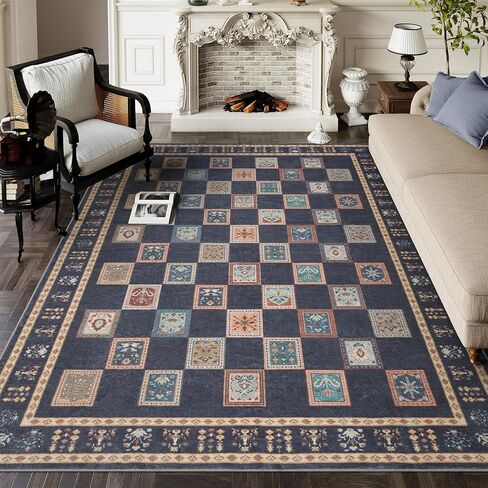 Lahome Checkerboard Living Room Area Rug 8x10, Vintage Machine Washable Area Rugs, Stain Resistant Dining Room Rug for Under Table, Bedroom Rug 8x10 Under Bed (Purple/Multi, 8'x10') in Saudi Arabia