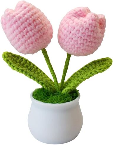Handmade Mini Pink Tulip Knitted Flower - Artificial Tulip for Home & Car Decor, Ideal for DIY Crafts, Wedding Decorations, and Gifts in Saudi Arabia