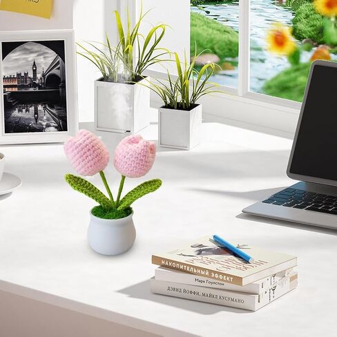 Handmade Mini Pink Tulip Knitted Flower - Artificial Tulip for Home & Car Decor, Ideal for DIY Crafts, Wedding Decorations, and Gifts in Saudi Arabia