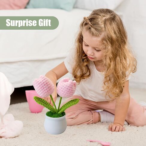 Handmade Mini Pink Tulip Knitted Flower - Artificial Tulip for Home & Car Decor, Ideal for DIY Crafts, Wedding Decorations, and Gifts in Saudi Arabia