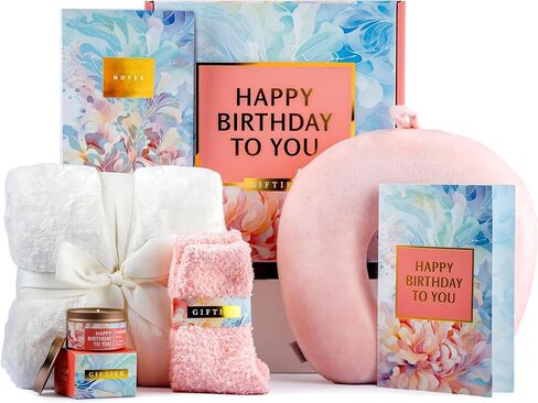 Birthday Gift Basket for Women - Happy Birthday Gift Basket For Her w/Memory Foam Pillow, Blanket, Candle, Socks, Journal, and Card - Curated Birthday Gift Set and Happy Birthday Gift Box for Women in Saudi Arabia
