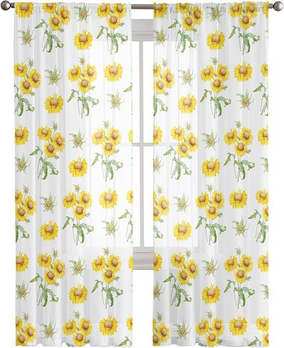 Sunflowers Curtains 63 Inch Length 2 Panels Set, Yellow Sheer Curtains Rod Pocket Kitchen Curtains Spring Floral Curtains for Bedroom Living Room Voile Window Drapes Farmhouse Semi Curtains Decor in Saudi Arabia