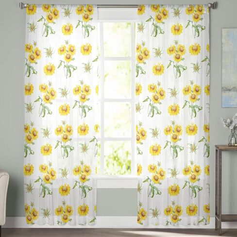 Sunflowers Curtains 63 Inch Length 2 Panels Set, Yellow Sheer Curtains Rod Pocket Kitchen Curtains Spring Floral Curtains for Bedroom Living Room Voile Window Drapes Farmhouse Semi Curtains Decor in Saudi Arabia