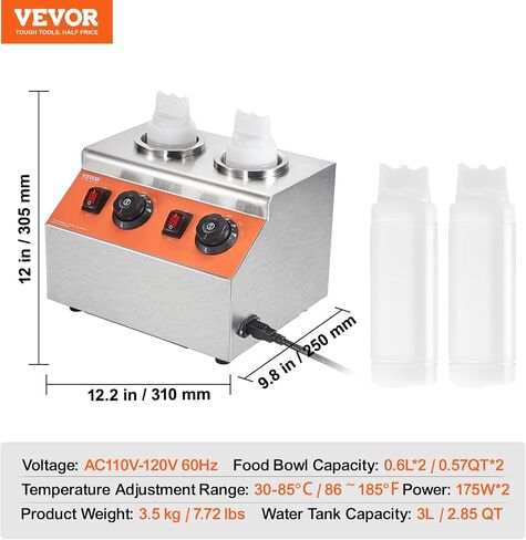 VEVOR سخان زجاجات كهربائي مع زجاجات، موزع جبن تجاري 0.57x2 Qt، سخان حلوى ساخن 86-185 درجة فهرنهايت قابل للتعديل، زجاجات بلاستيكية مزدوجة لتدفئة جبن الناتشو، من أجل جبن الفدج الساخن بالكراميل in Saudi Arabia