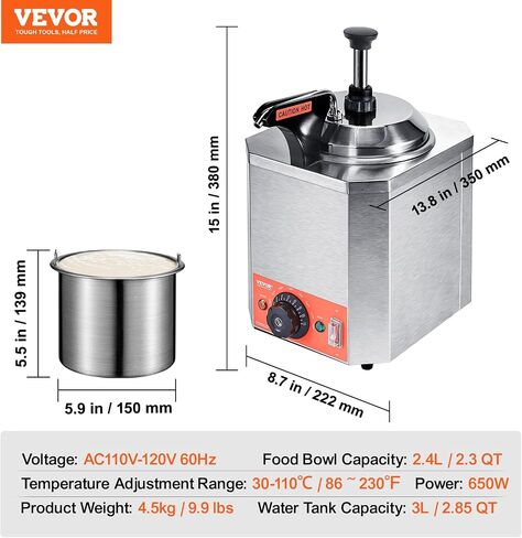 VEVOR سخان زجاجات كهربائي مع زجاجات، موزع جبن تجاري 0.57x2 Qt، سخان حلوى ساخن 86-185 درجة فهرنهايت قابل للتعديل، زجاجات بلاستيكية مزدوجة لتدفئة جبن الناتشو، من أجل جبن الفدج الساخن بالكراميل in Saudi Arabia