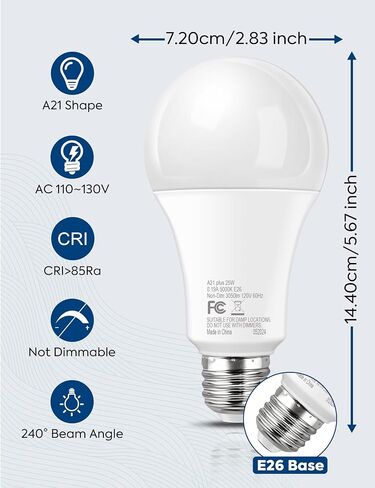 لمبة إضاءة LED مكافئة 200 وات، لمبة LED فائقة السطوع 2800 لومن A21، ضوء النهار 5000 ك، توفير الطاقة 25 وات، قاعدة متوسطة E26، 120 فولت للمرآب والمستودعات والمتجر وغرفة المعيشة، غير قابلة للتعتيم، عبوتان in Saudi Arabia