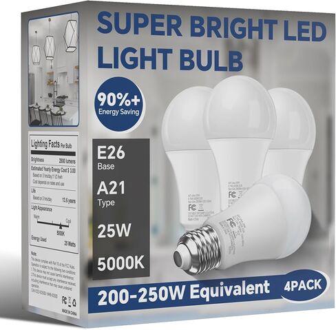 لمبة إضاءة LED مكافئة 200 وات، لمبة LED فائقة السطوع 2800 لومن A21، ضوء النهار 5000 ك، توفير الطاقة 25 وات، قاعدة متوسطة E26، 120 فولت للمرآب والمستودعات والمتجر وغرفة المعيشة، غير قابلة للتعتيم، عبوتان in Saudi Arabia