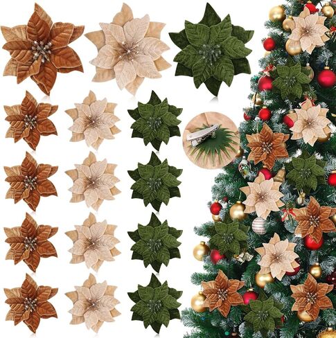 12 Pcs Artificial Neutral Christmas Poinsettia Flower Velvet Christmas Flower 5.9 Inch Faux Poinsettia Picks Christmas Tree Wreath Ornaments for Christmas Tree Wedding Decor (Multicolored) in Saudi Arabia