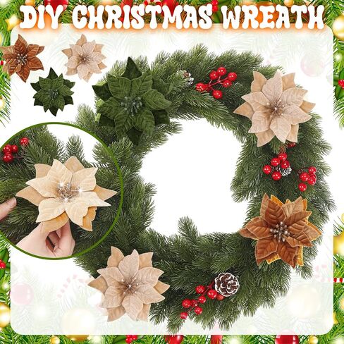 12 Pcs Artificial Neutral Christmas Poinsettia Flower Velvet Christmas Flower 5.9 Inch Faux Poinsettia Picks Christmas Tree Wreath Ornaments for Christmas Tree Wedding Decor (Multicolored) in Saudi Arabia