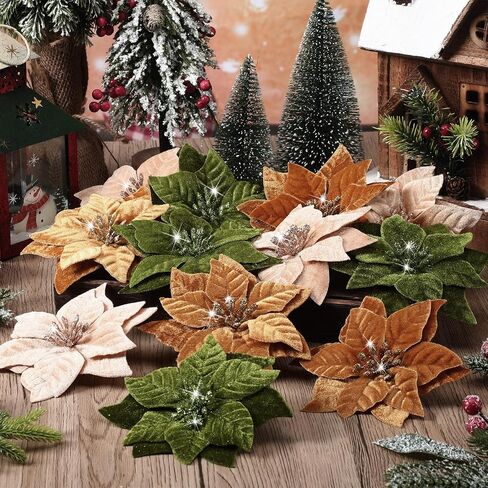 12 Pcs Artificial Neutral Christmas Poinsettia Flower Velvet Christmas Flower 5.9 Inch Faux Poinsettia Picks Christmas Tree Wreath Ornaments for Christmas Tree Wedding Decor (Multicolored) in Saudi Arabia