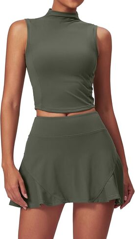 2 Piece Tennis Dress for Women Pleated Tennis Skirts Sets High Neck Workout Tank Top Golf Outfits in Kuwait