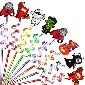24PCS Halloween Party Favors for Kids, Halloween Straws for Prizes for Kids Party, Crazy Straws for Halloween Non Candy Goodie Bag Fillers Treat Bag Stuffers, Birthday Party Supplies Decorations
