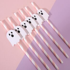 Pink Halloween Ghost Paper Straws - 12PCS Pink Ghost Straws, Cute Halloween Party Supplies, Halloween Birthday Party Decoration, Spooky One Two Spooky Birthday Supplies