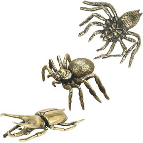 3Pcs Brass Spider & Beetle Statue, Solid Metal Animal Figurine Ornament, Small Spider & Beetle Sculpture for Home Office Garden Desktop Decor (Statue-03)