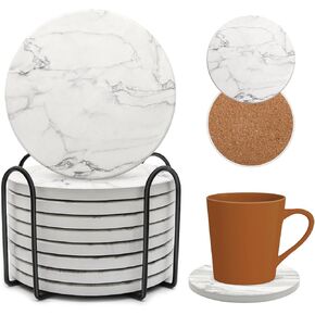 Ceramic Coaster Set of 8, 4 Inch Drink Coasters with Holder, Absorbent Drink Coasters for Dining Table, Round Coasters Set for Drinks, Cup Coaster for Home Decor, Housewarming Gift