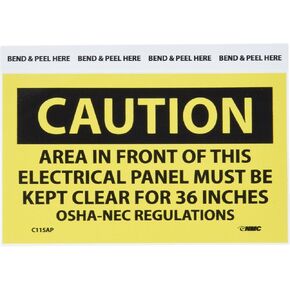 NMC C115AP OSHA Sign, Legend "CAUTION - AREA IN FRONT OF THIS ELECTRICAL PANEL MUST BE KEPT CLEAR FOR 36 INCHES OSHA-NEC...", 5" Length x 3" Height, Pressure Sensitive Vinyl, Black on Yellow (Pack of 5)