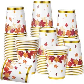 30 Pcs 9 oz Fall Disposable Paper Cups Autumn Coffee Cups Maple Leaves Foil Gold Cups for Thanksgiving Fall Holiday Picnic Harvest Wedding Party Decoration and Supplies
