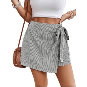 MakeMeChic Women's High Waisted Striped Shorts Wrap Front Knot Side Skorts