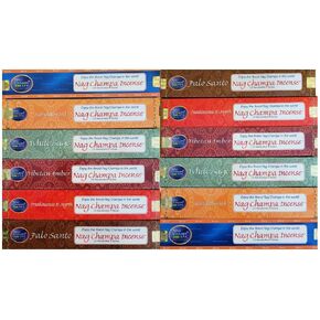 NAG Champa Fragrance Sampler - (12 Boxes X 15 Sticks Ea) 2 Boxes Each Nag Champa Gold, Sandalwood, Frankincense & Myrrh, White Sage, Palo Santo and Tibetan Amber. 180 Sticks Total.