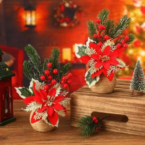 Zeyune Christmas Poinsettias Artificial Christmas Flowers Floral Red Table Top Pinecone Poinsettia and Holly Berries Silk Flower Arrangements in Decorative Pot Greenery Holiday Xmas Home Decor (4 Pcs)