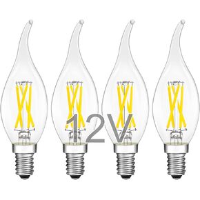 12V E12 LED Candelabra Light Bulbs - Soft Warm 2700K 2W (Only for 12 Volt DC/AC)- Small Candle Base - 25W Equivalent Low Voltage Flame Tip LED Bulb for RV, Backyard Shed - 4 Pack