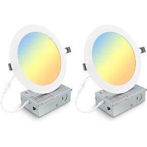 2 Pack 7 Inch 3CCT Ultra-Thin LED Recessed Light with Junction Box, 3000K/4500K/6000K Selectable, 18W Eqv 125W, Dimmable Canless Downlight, 1600LM High Brightness