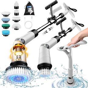 Electric Spin Scrubber, Battery Cordless Cleaning Brush,Shower Cleaning Brush with 8 Replaceable Brush Heads and 3 Adjustable Speeds, LED Screen and Adjustable & Detachable Long Handle