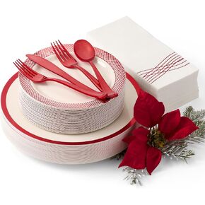 By Madee HEAVYWEIGHT Elegant Disposable Dinnerware Set | Disposable Party Dinnerware Set | Red Plates and Napkins Party Supplies | White and Red Plastic Plates Disposable (175 pcs for 25 Guests)