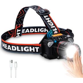 Headlamp Rechargeable,Power Display USB C Led Head Lamp, 100000 Lumen Super Bright Sensor Head Lights for Forehead with Red Light, Zoomable 180°Rotatable Head Flashlight for Adults Outdoor Adventures