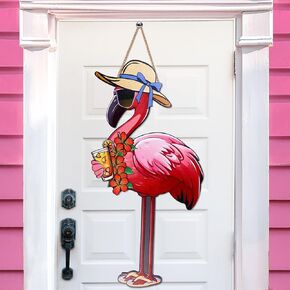 27.5 Inch Tall Flamingo Welcome Door Sign Summer Tropical Wall Hanging Decor Pink Wooden Flamingos Wall Art Sign for Front Door Hawaiian Themed Party Decorations Farmhouse Outdoor Supplies