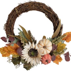 idyllic 20" Artificial Pumpkins White Sunflower Autumn Wreath with Green and Yellow Leaves Flower Wreath for Front Door Indoor Wall Wedding Home Decoration