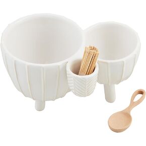 Mud Pie Footed Dip Toothpick Set, dish 5" x 7 1/2" | spoon 4", WHITE