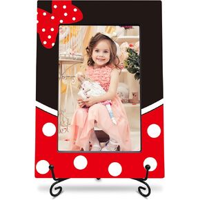 wooden frame with black metal stand - bow-knot & spot - cartoon wooden frame for 4"x 6" vertical picture, birthday gift for girls, classic photo frame, gift and decorations (A09)