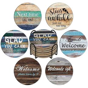 Bar Ceramic Cup Drink Coasters Set of 6 with Holder,Water Absorbent Round Monogram Cute Cool Morden Funny Unique,for Wine Bottle Table Desk Farmhouse Office