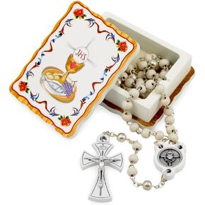 First Communion Rosary for Girls and Boys - First Communion Gift Set - First Holy Communion Rosary Pearl Beads and Keepsake Box