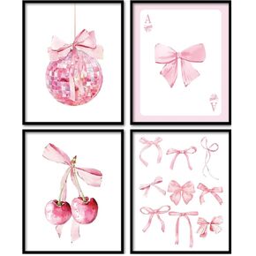 foedor Coquette Pink Bow Preppy Girly Wall Art Prints Set of 4, Coquette Preppy Room Decor, Girly Bedroom Decor, Trendy Pink Bow Disco Ball Cherry Wall Decor Posters for Girls Room Dorm, 8x10 Unframed