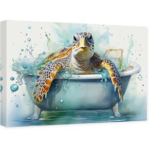 CCWACPP Sea Turtle Bathroom Wall Decor Sea Creature Canvas Wall Art Funny Turtle in Bathtub Picture Ocean Theme Painting Decor Frame (Sea Turtle - 2, 12.00" x 18.00")