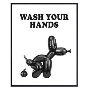 Wash Your Hands Bathroom Sign - Black Bathroom Wall Decor, Balloon Dog small Bathroom Decor - Boys Bathroom funny Sayings - Funky Restroom Wall Decor for Men - Aesthetic Eclectic Bathroom Pop art
