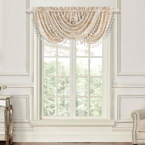 Loom and Mill Luxury Waterfall Swag Valances for Windows, Elegant Jacquard Swag Curtains Valance with Tassels for Living Room Bedroom Holiday Party Banquet Decorations (3 Pieces, Beige)