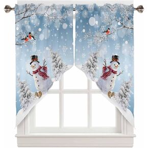 Christmas Tree Snowman Kitchen Valance Curtains, Farmhouse Swag Curtains,Snowflake Cardinal Gray Valance for Kitchen Bathroom Bedroom, Rod Pocket Window Valance Curtains Over Sink 36" W x 36" L