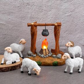 Barydat 6 Pcs Christmas Nativity Animals Set, 5 Inch White Sheep Animals Figurines Christmas LED Light up Nativity Collection Village Accessory Lighted Campfire Hand Sculpted and Painted Nativity Sets in Kuwait