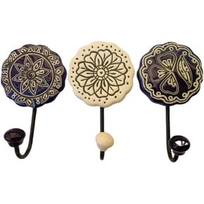 Decorative Mandala Pattern Ceramic Flower Shaped Coat Wall Hooks (Set of 3)