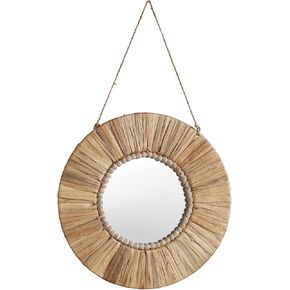 47th & Main Boho Beaded Round Wood Wall Mirror, 31-Inch Diameter, Water Hyacinth