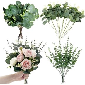 60 Pcs 3 Kinds Mixed Artificial Silver Dollar Eucalyptus Leaves Picks, Faux Eucalyptus Stems Sprays for DIY Bouquets Floral Arrangement Wedding Home Farmhouse Decor, Green
