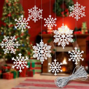 Whaline 40Pcs White Glitter Snowflake Winter Snowflake Ornaments Christmas Hanging Decorations with 197 Inches Silver Rope for Wedding Birthday Home Xmas Tree Window Door Accessories