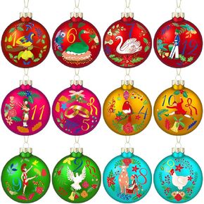 12 Pieces 12 Days of Christmas Glass Ornament Hanging Christmas Ball Ornament Vintage Christmas Ornaments Christmas Tree Ornaments Decorative Hanging Ornaments for Christmas Tree Party Decor